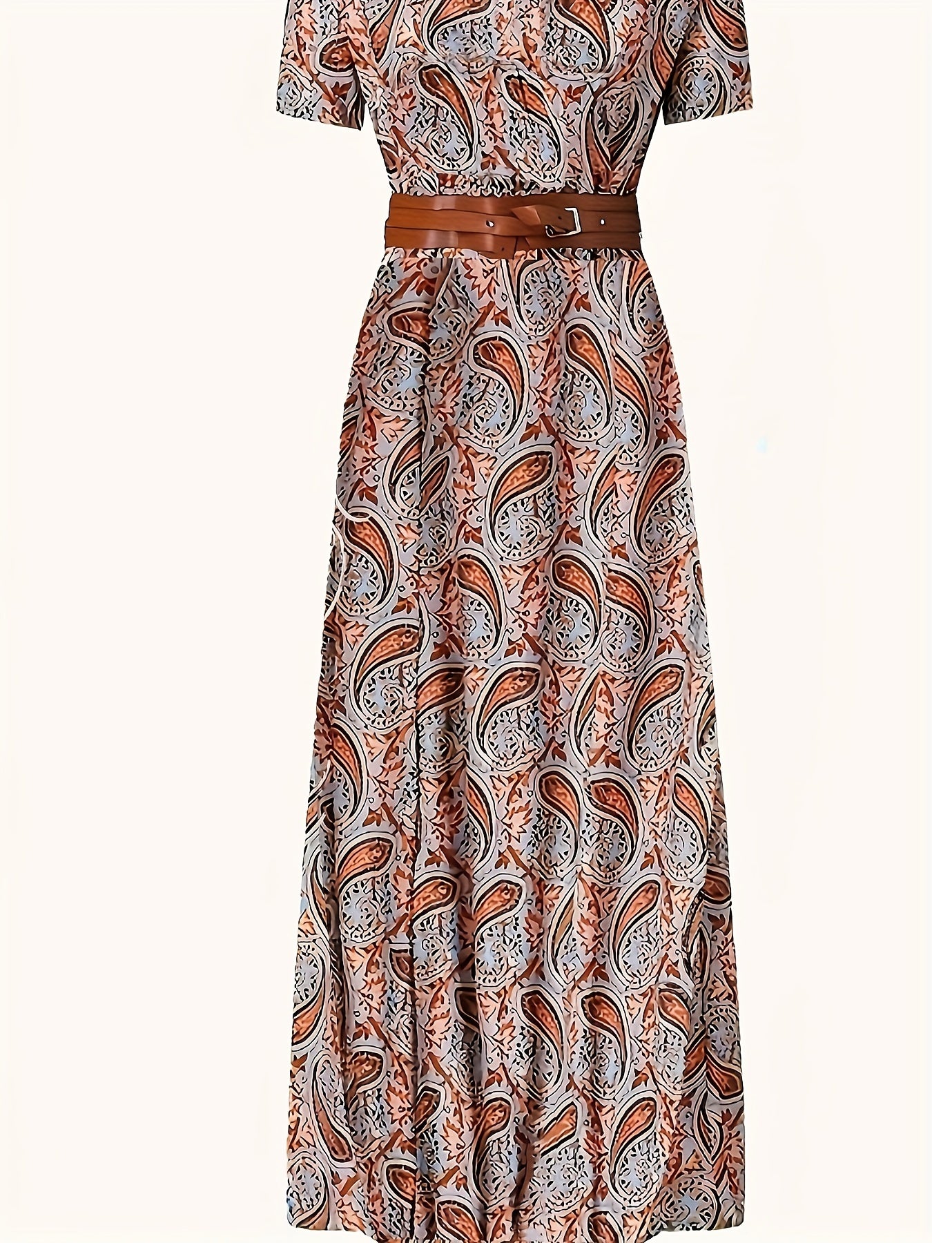 Paisley Print V Neck Dress Boho Casual Short Sleeve Dress