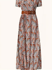 Paisley Print V Neck Dress Boho Casual Short Sleeve Dress