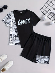 Boys Summer Casual Letter Spliced Outfit Short Sleeve Top & Shorts Set