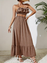 Leopard Print Ruffle Trim Two Piece Skirt Set