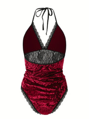 Colorblock Floral Mesh Lace Halter Neck Bodysuit