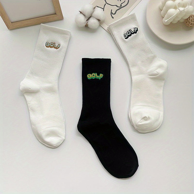 3 Pairs Letter Embroidery Crew Socks Comfy Breathable Sports Stockings