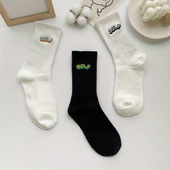 3 Pairs Letter Embroidery Crew Socks Comfy Breathable Sports Stockings