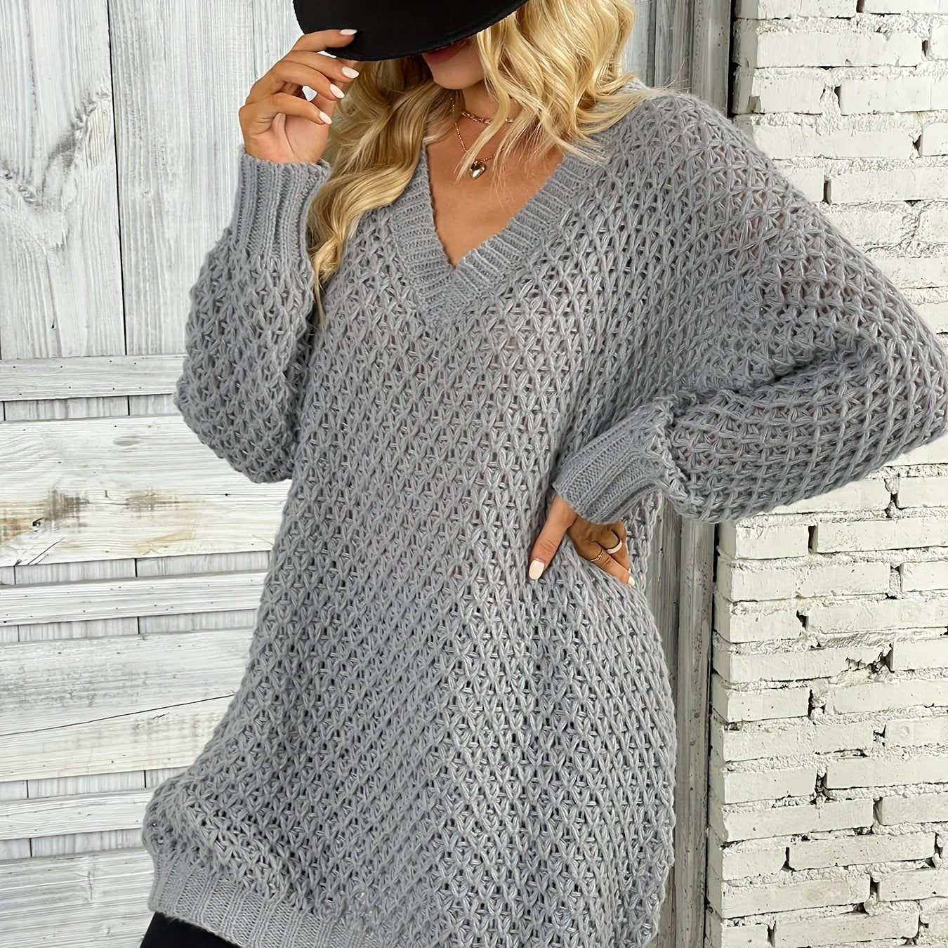 Solid Knit Sweater V Neck Long Sleeve Solid Sweater Women's Clothing