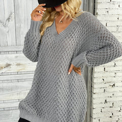 Solid Knit Sweater V Neck Long Sleeve Solid Sweater Women's Clothing
