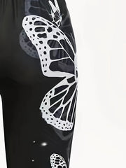 Halloween Goth Leggings Women's Plus Butterfly & Skull Print