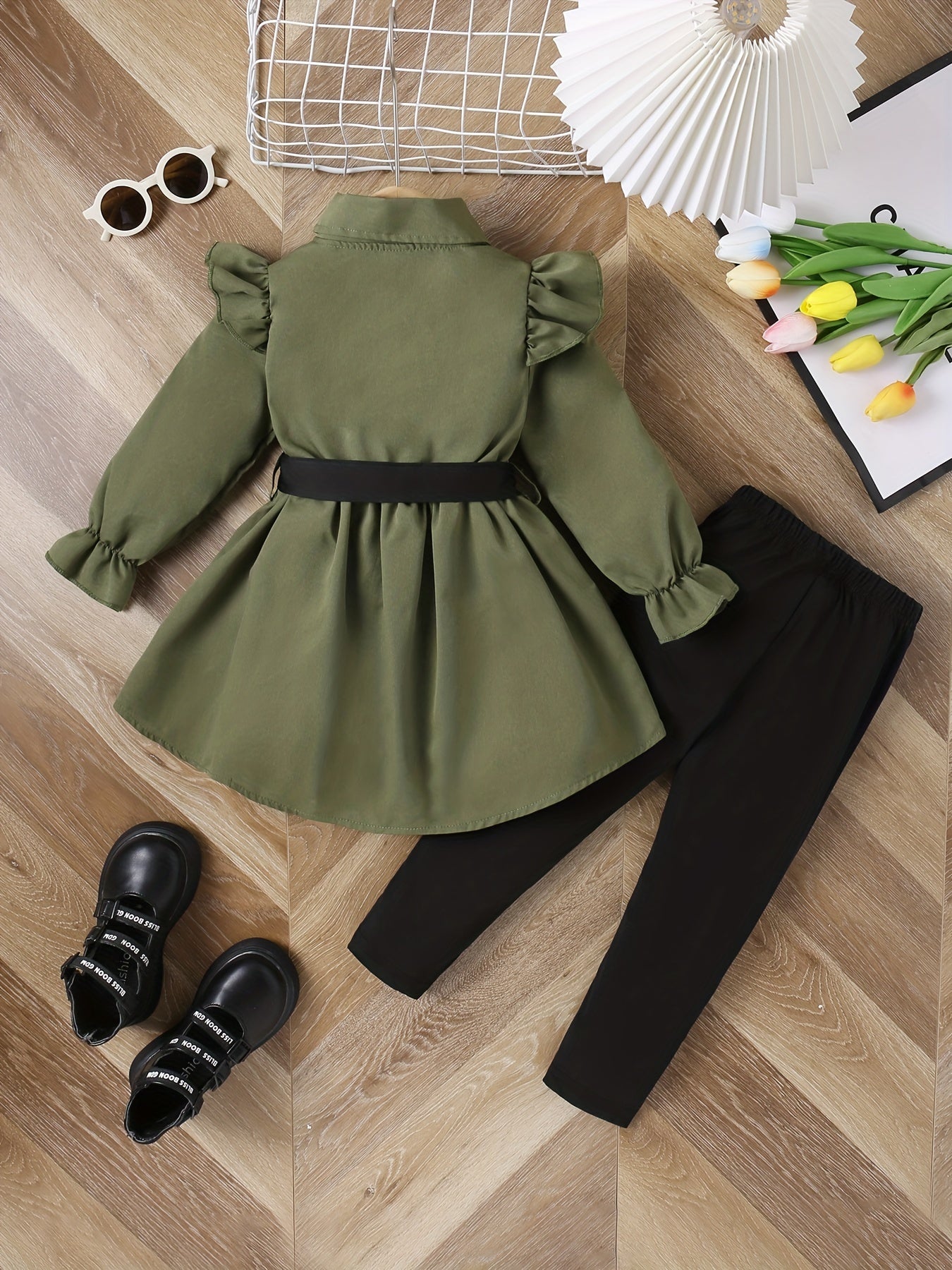 Girl's 2pcs Shirt & Pants Set Ruffle Decor Outfit For Spring Fall