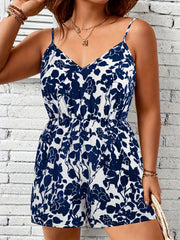 Floral Print V Neck Waist Wide Leg Cami Romper