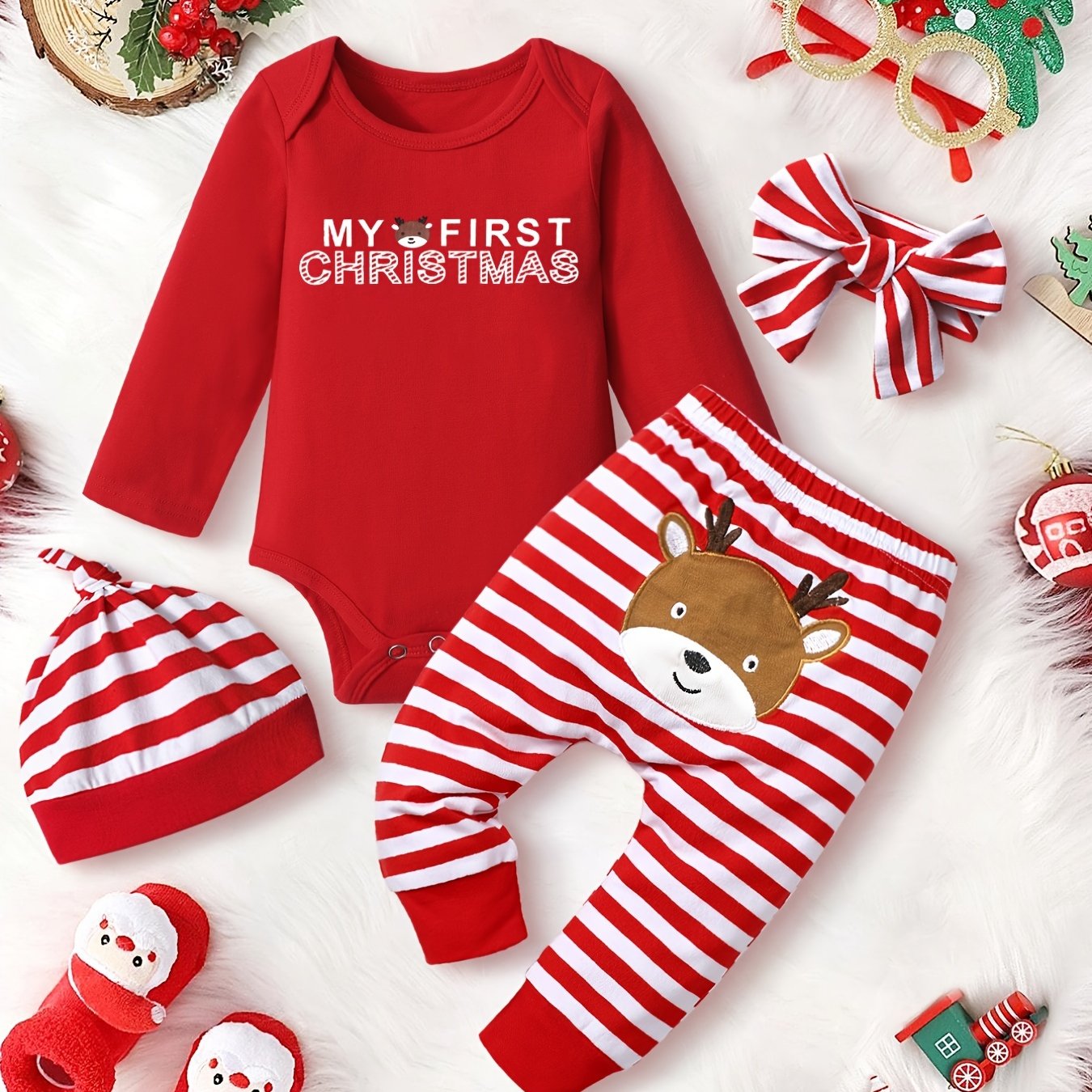 Baby Girls Christmas Outfit Long Sleeve Romper & Striped Pant Set