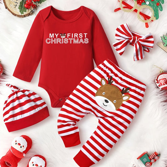 Baby Girls Christmas Outfit Long Sleeve Romper & Striped Pant Set