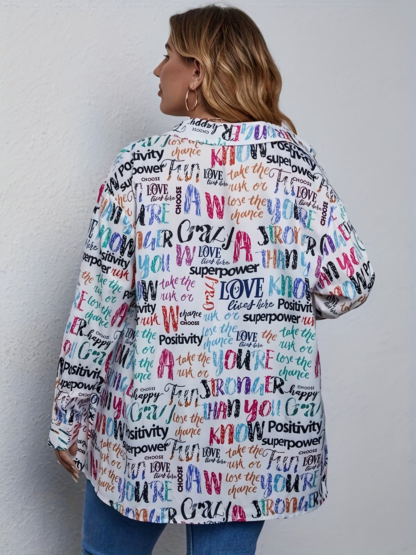 Letter Print Button Up Long Sleeve Blouse