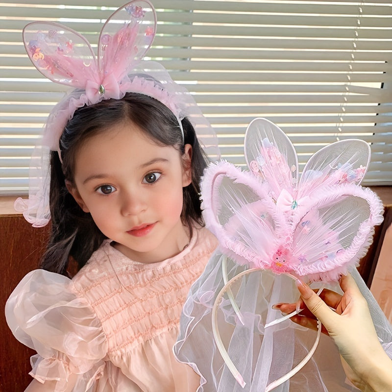 Pink Rabbit Ears Butterfly Head Hoop Girls Non Slip Mesh Hair Accessory