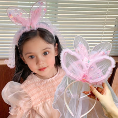 Pink Rabbit Ears Butterfly Head Hoop Girls Non Slip Mesh Hair Accessory