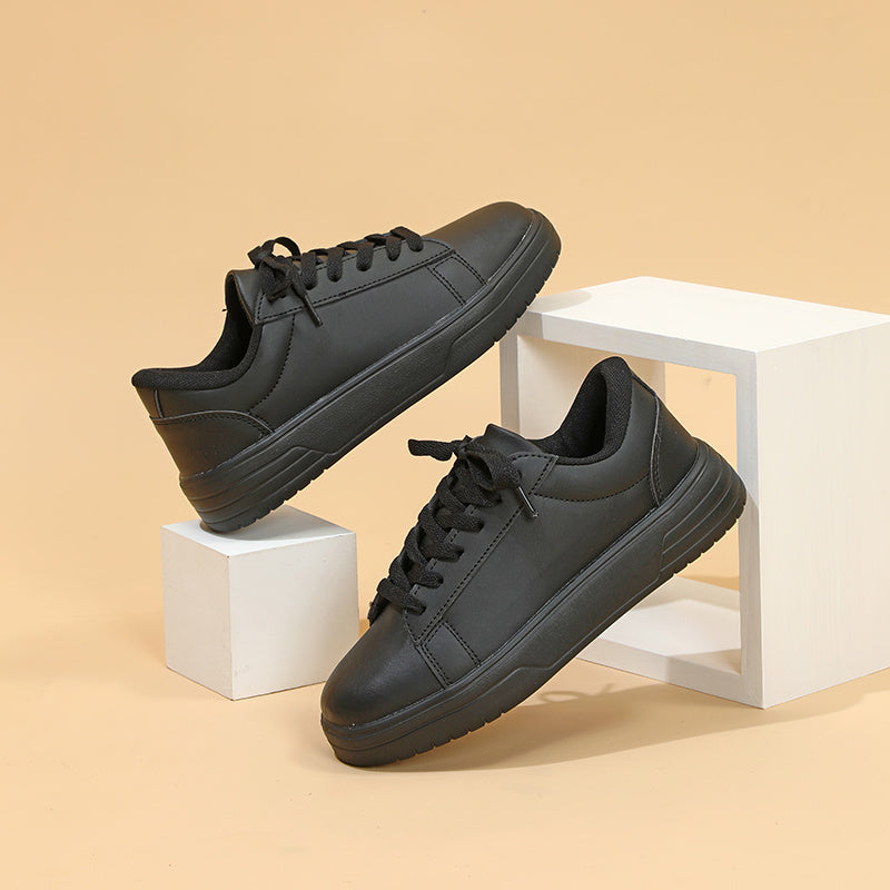 Solid Lace Up Flat Skate Shoes Women's Faux Leather Comfort Sneakers
