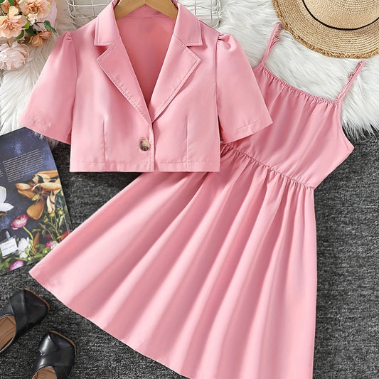Girls' 2 Piece Outfits Pink Cami Dress & Collared Button Down T Shirt Set