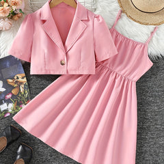Girls' 2 Piece Outfits Pink Cami Dress & Collared Button Down T Shirt Set