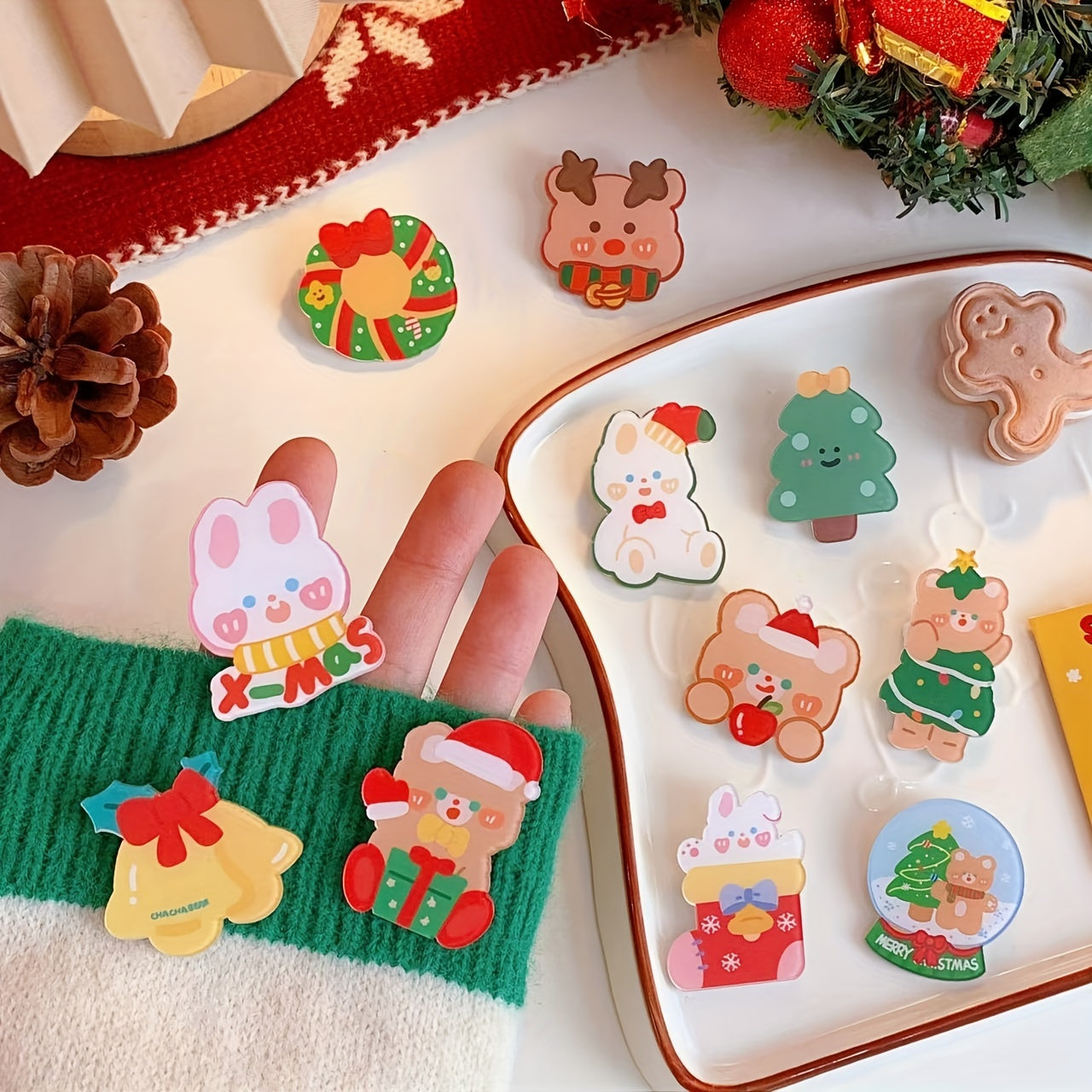 11pcs Christmas Rabbit Bear Brooch For Girls