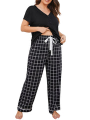 Short Sleeve T shirt & Grid Print Pants Pajama Set