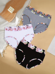 3 Pack Plus Size Panties Set Women's Plus Contrast Floral Print Solid Briefs