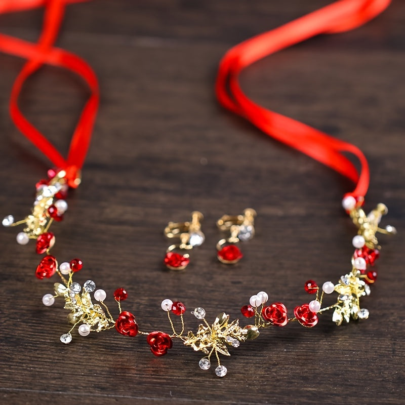Red Crystal Hairband Princess Flower Earrings Bridal Wedding Queen Crowns