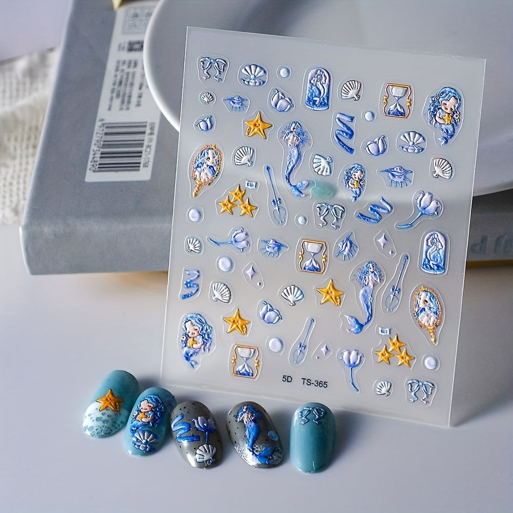 5D Embossed Mermaid Nail Art Stickers Self Adhesive Shell Decals