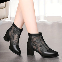 Chunky Heeled Floral Embroidery Ankle Boots