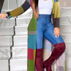 Colorful Patchwork Coat Split Open Front Long Length Coat Women's Clothing