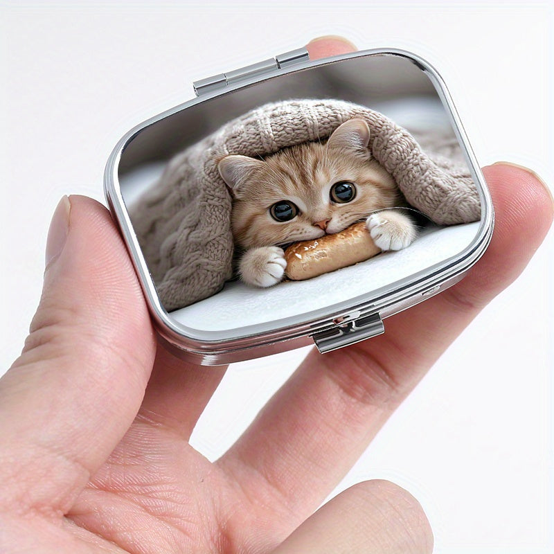 Bread Cat Print Pattern Square Medicine Box Two Compartment Pill Box