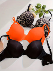 3 Pack Sexy Plus Bras Set Solid & Leopard Print Underwire Everyday 3pcs