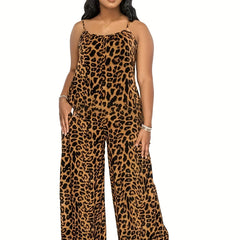 Leopard Spaghetti Print Wide Leg Jumpsuit Women's Clothing