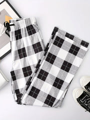 Plaid Print Drawstring Waist Pants Casual Straight Leg Pants
