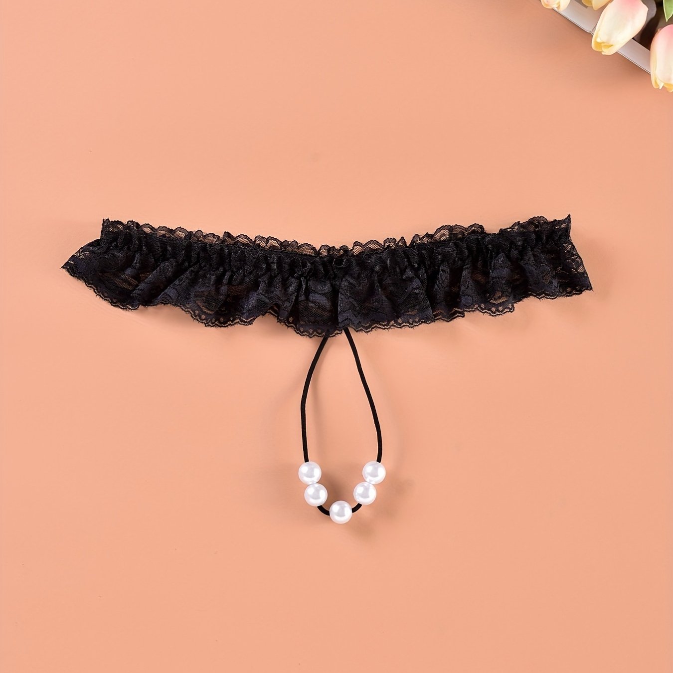 Floral Lace Ruffle Thongs with Faux Pearl Intimates Panties