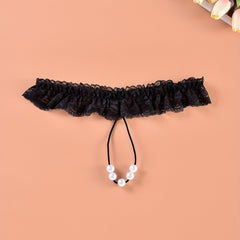 Floral Lace Ruffle Thongs with Faux Pearl Intimates Panties