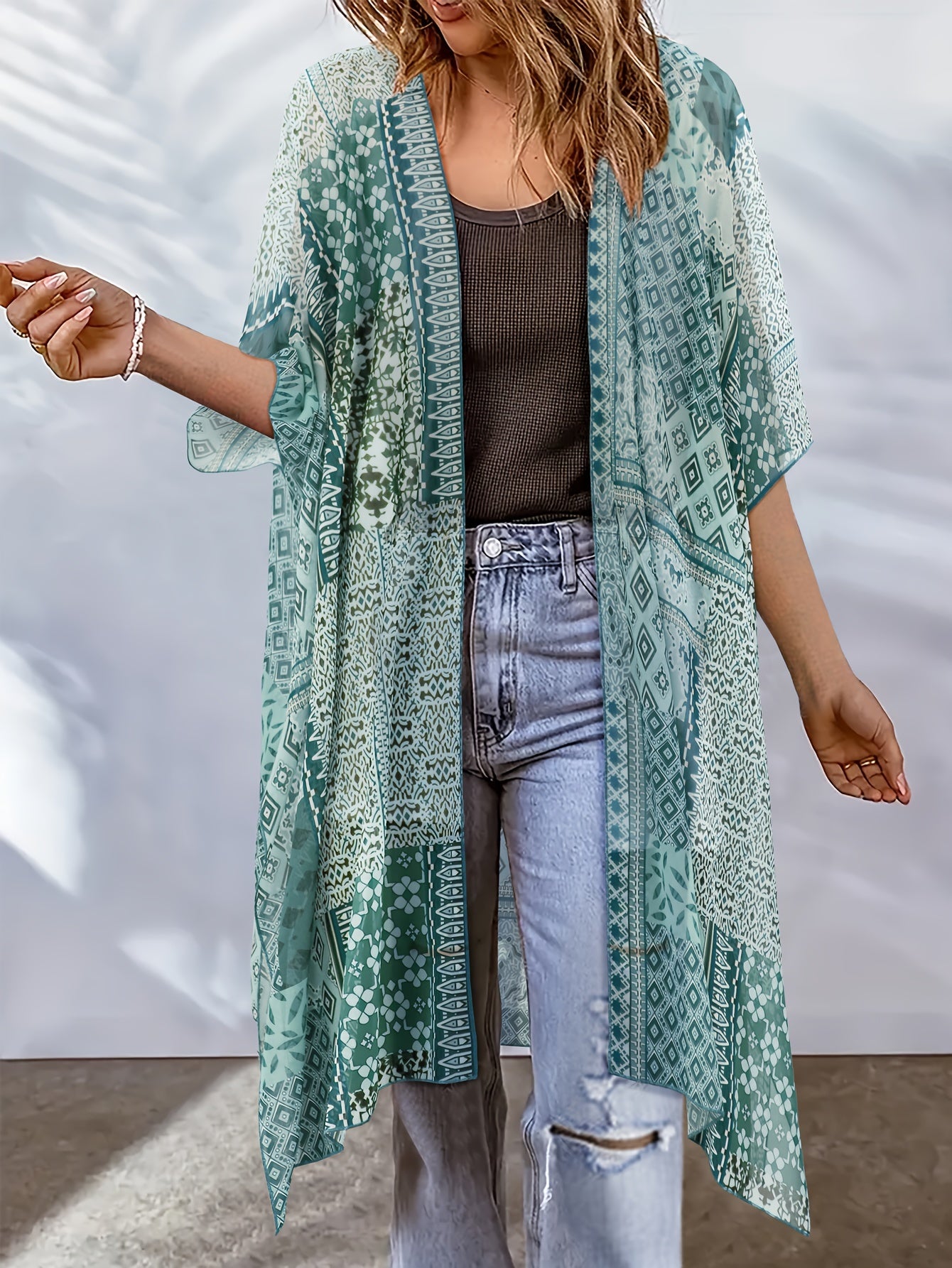 Boho Cover Up Women's Plus Scarf Print Bat Sleeve Open Front Cover Up