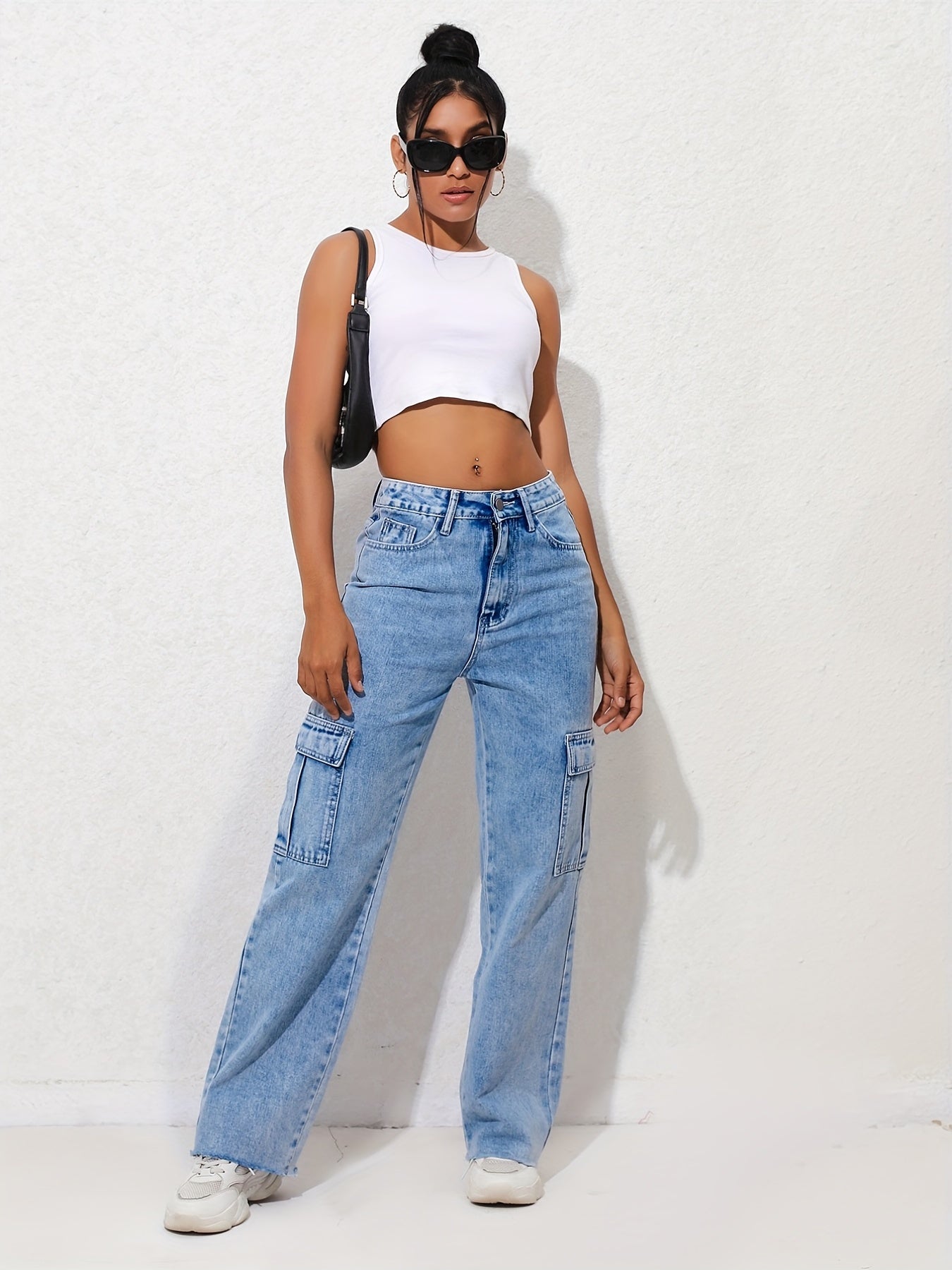 Flap Pockets Cargo Pants High Waist Straight Jeans
