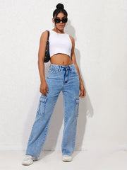 Flap Pockets Cargo Pants High Waist Straight Jeans