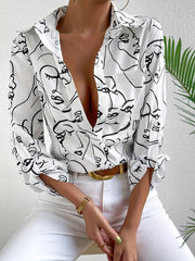 Abstract Figure Print Button Up Long Sleeve Blouse
