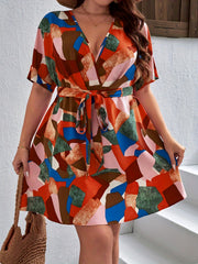 Plus Geometric Print Short Sleeve Surplice Neck Dress