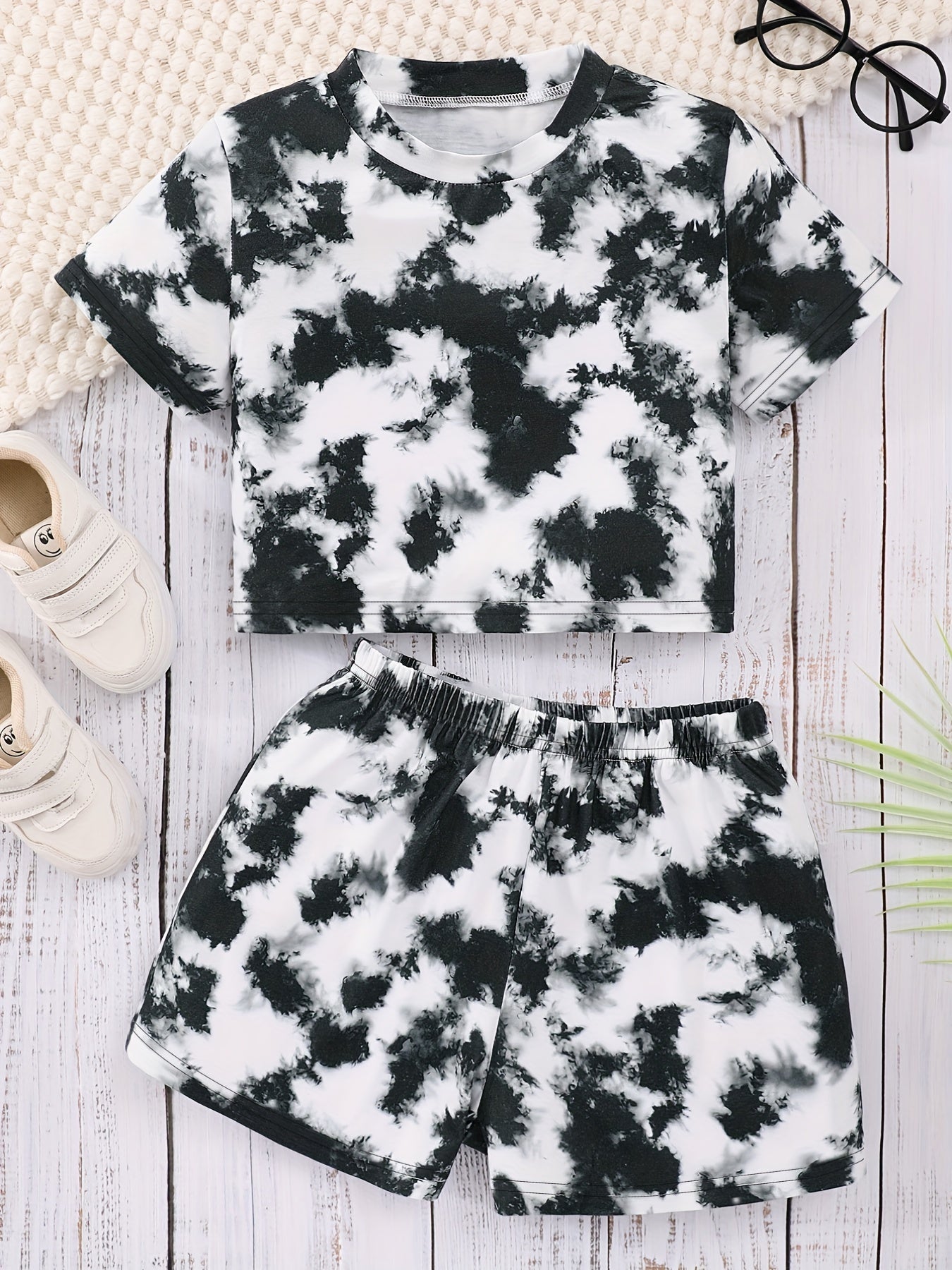 2pcs Girls Tie Dye T-Shirts & Shorts Set Summer Outfit Kids Casual Clothes