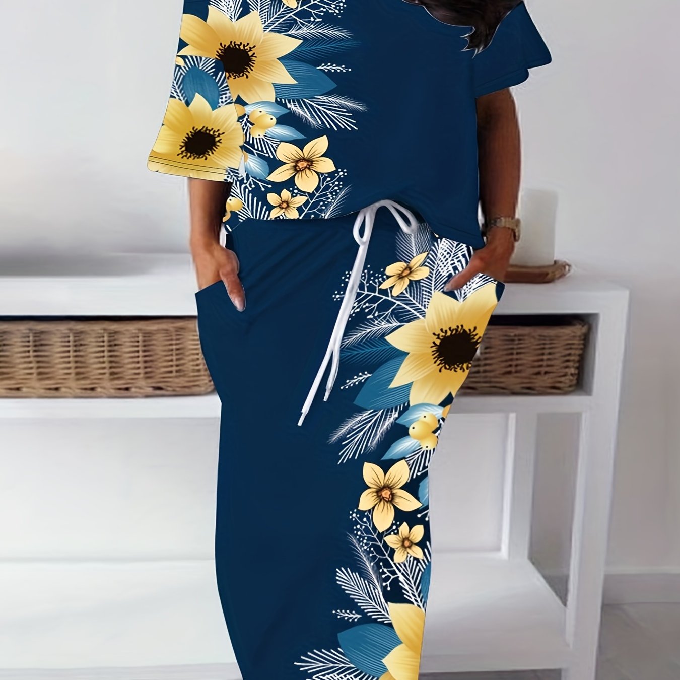 Women's Plus Floral Print One Shoulder Top & Skirt Set