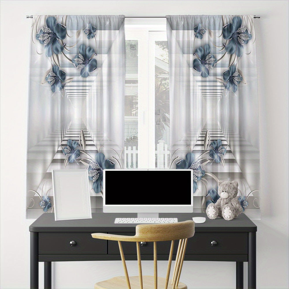 2pcs Flower Rod Pocket Printed Curtain for Home Decoration