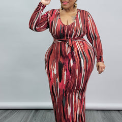 Long Sleeve Bodycon Dress with Belted Print