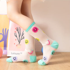 5 Pairs Kids Cartoon Smile Face Ice Silk Crew Socks