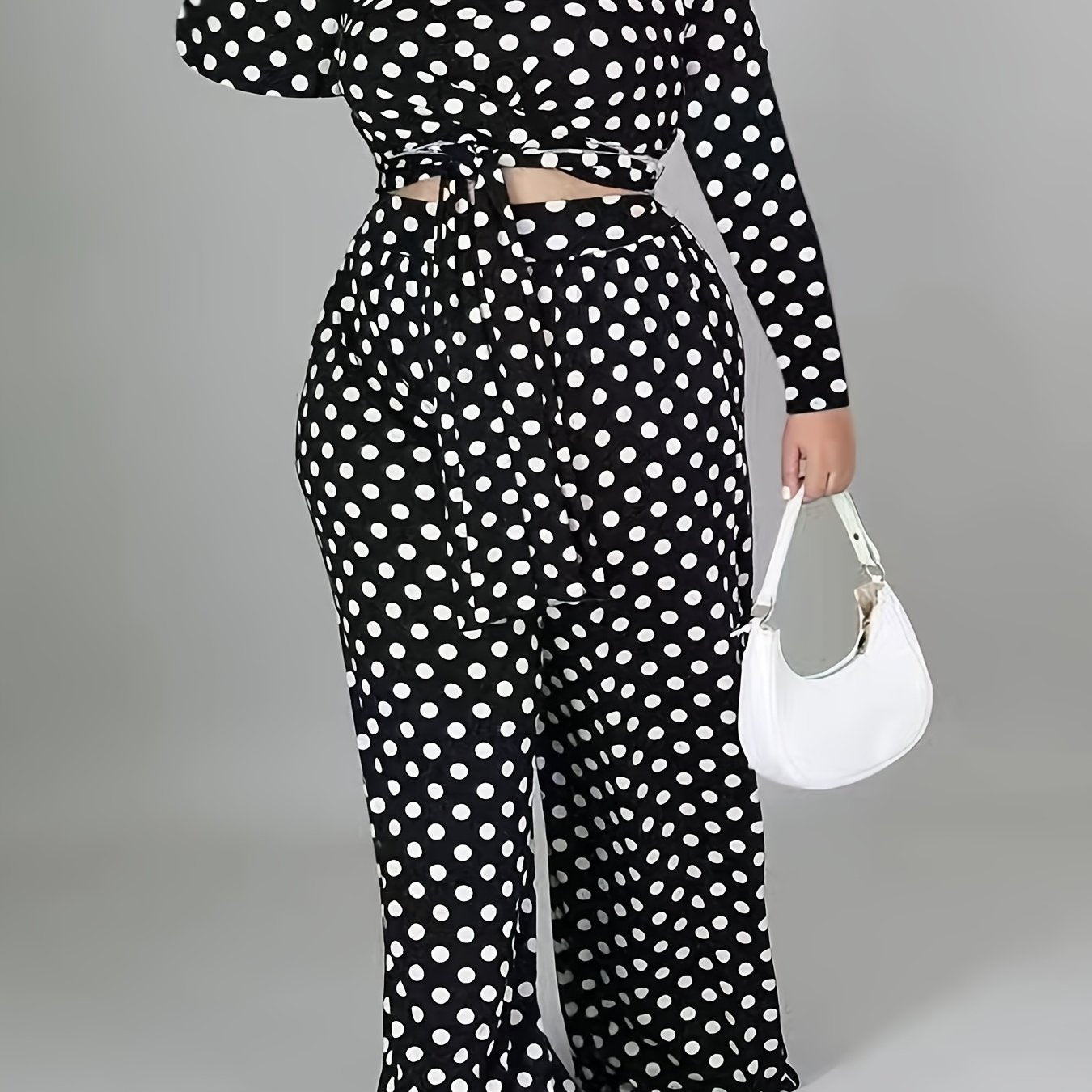 Polka Dot Print Long Sleeve Crop Top & Wide Leg Pants Set