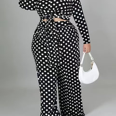 Polka Dot Print Long Sleeve Crop Top & Wide Leg Pants Set