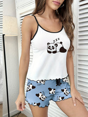 Panda Print Pajama Set Crew Neck Cami Top & Shorts Women's Loungewear