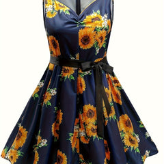 Women's Plus Sunflower Print Sweetheart Neck Cocktail Party Dress With Belt