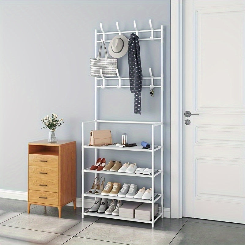 Carbon Steel Coat Rack Foyer Shoe Rack with 4 Shelves & 8 Hooks
