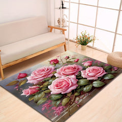 Pink Rose Print Area Rug Machine Washable Mat for Home Decor