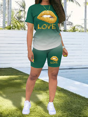 Lip Print Two-piece Set Short Sleeve T-shirt & Skinny Shorts Outfit
